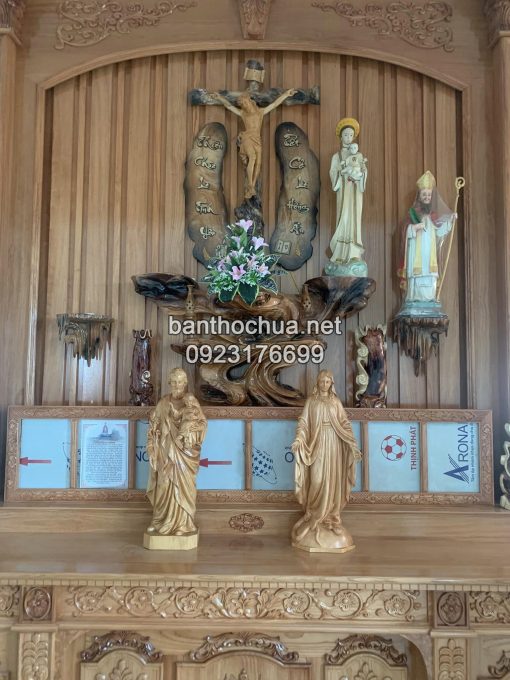 Bộ Tượng Thánh Giuse Mẹ Ban ơn Chúa Chịu Nạn Cao 70cm Gỗ Pơ Mu Phun để Mộc 0
