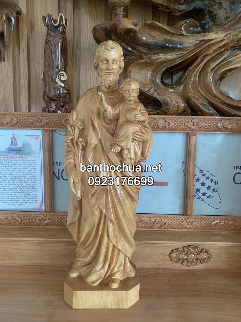 Bộ Tượng Thánh Giuse Mẹ Ban ơn Chúa Chịu Nạn Cao 70cm Gỗ Pơ Mu Phun để Mộc 2