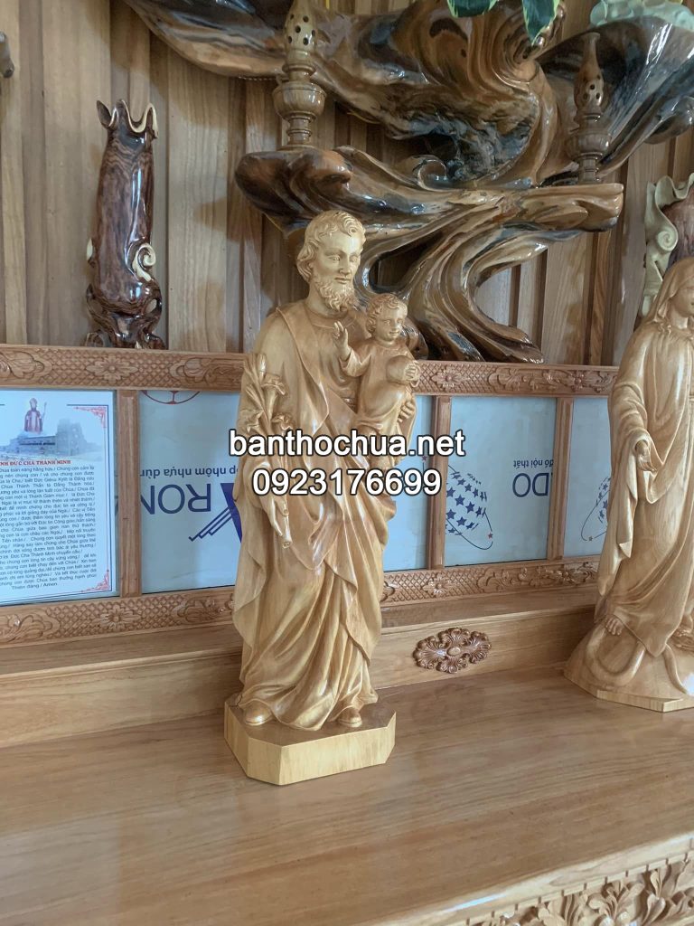 Bộ Tượng Thánh Giuse Mẹ Ban ơn Chúa Chịu Nạn Cao 70cm Gỗ Pơ Mu Phun để Mộc 3