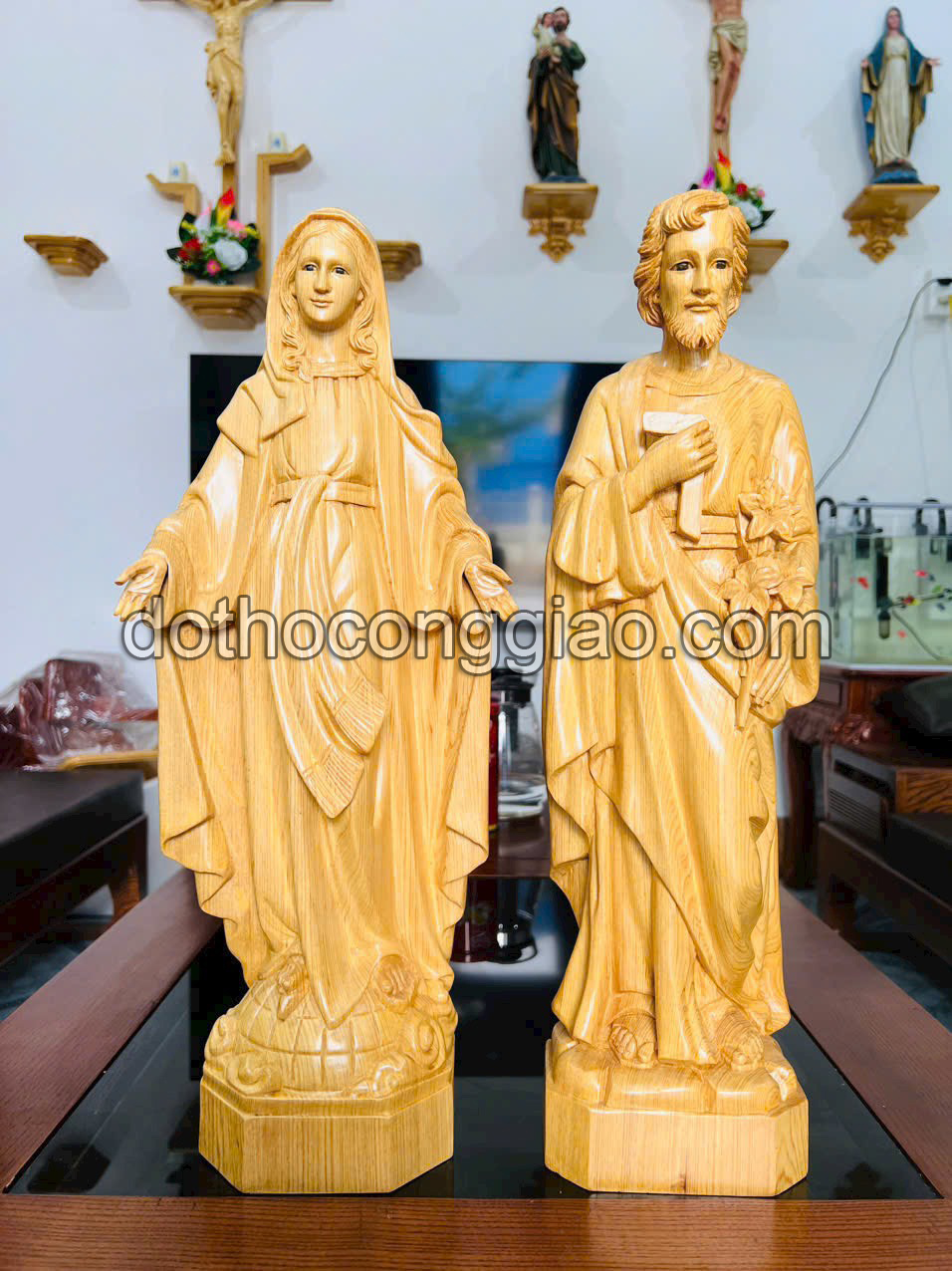 Tượng Thánh Giuse Và đức Mẹ Ban ơn Bằng Gỗ Pomu Cao 50cm