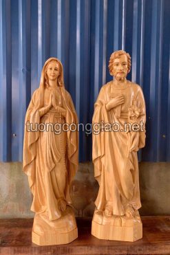Tượng Thánh Giuse Và đức Mẹ Lộ đức Bằng Gỗ Vẽ Tóc Cao 50cm