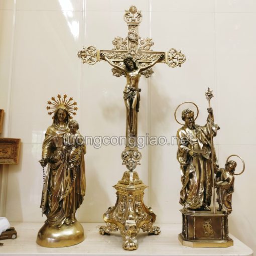 Bộ Tượng Chúa Chịu Nạn, Mẹ Mân Côi, Thánh Giuse Bằng đồng Cao 46cm, Thánh Giá 83cm